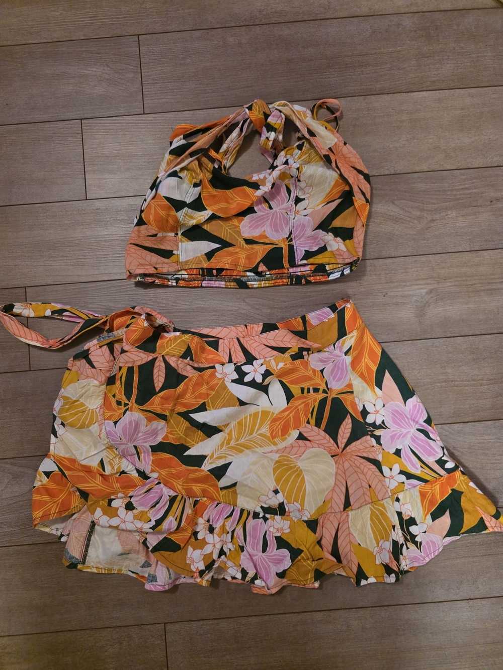 aerie Tropical Floral Ruffle Mini Skirt in Pink, Orange, Green, Cream
